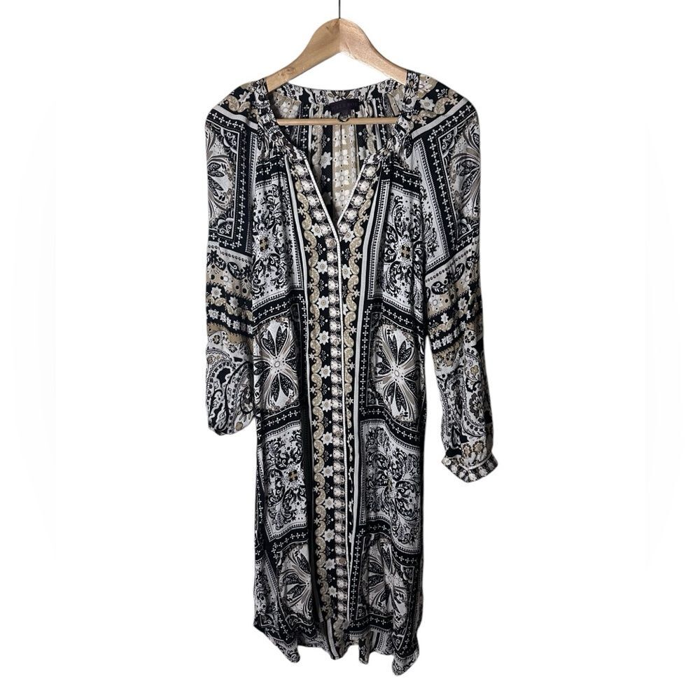 Hale Bob Black Tan Boho Mischa Button Front Long Sleeve Dress Size XS